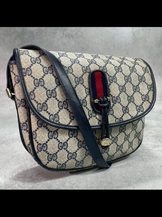 Gucci Handbags - Gucci Beige GG Supreme Canvas Shoulder Bag with Navy Trim